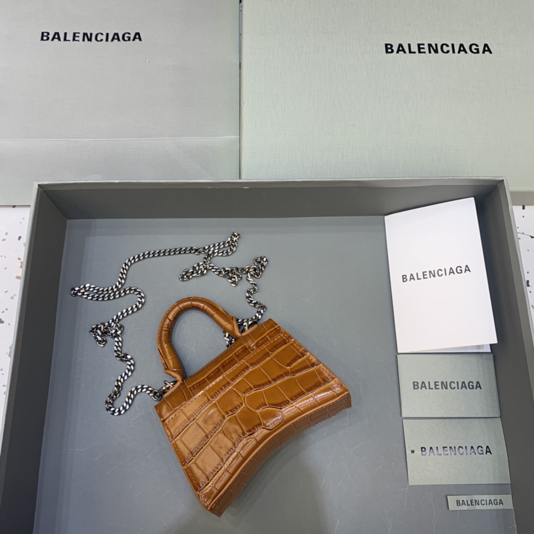 Balenciaga Hourglass Mini Handbag With Chain Crocodile Embossed Shoulder Bag Brown